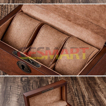 Black wooden watch box organizer with 3 slots for stylish watch storage and display.