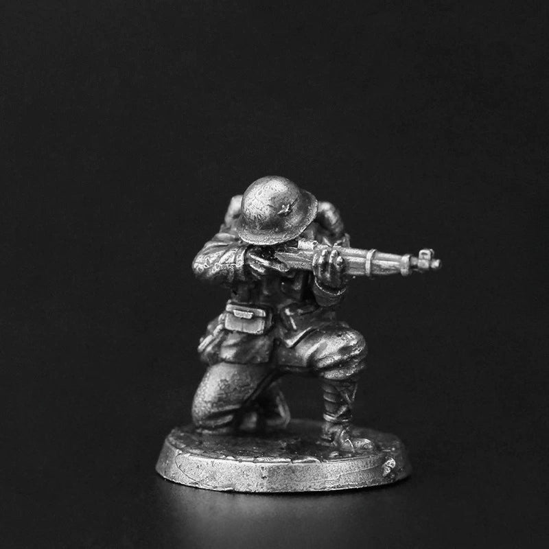 White Brass Figurine WWII Kneeling Rifleman Miniature - Steel Helmet Figure