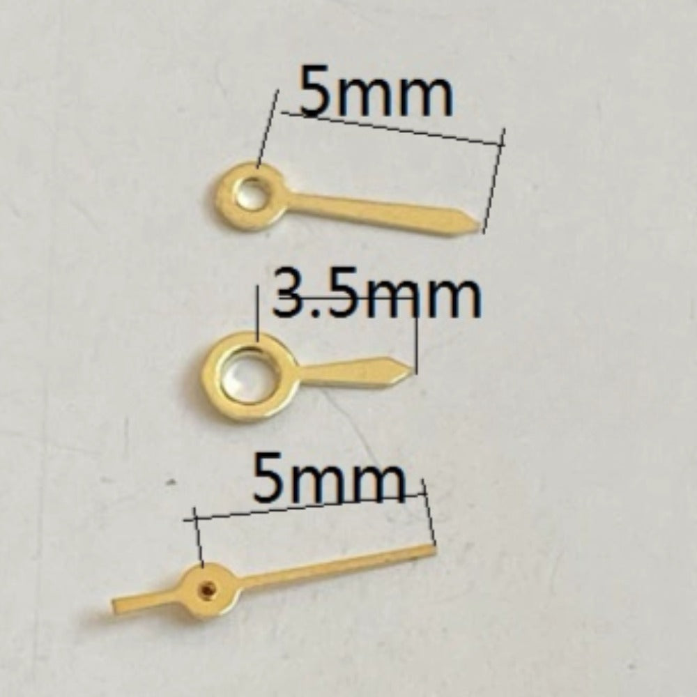 Golden short watch hands sized 5x5x3.5mm designed for Miyota 2035 quartz movement, sleek accessory.