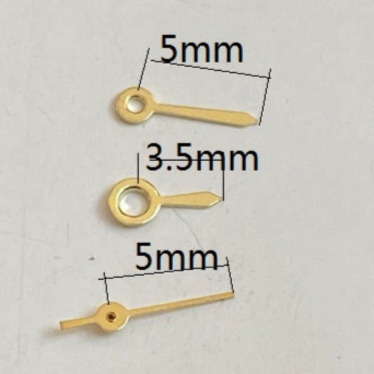 Golden short watch hands 5x5x3.5mm for Miyota 2035 quartz movement, precise accessory.