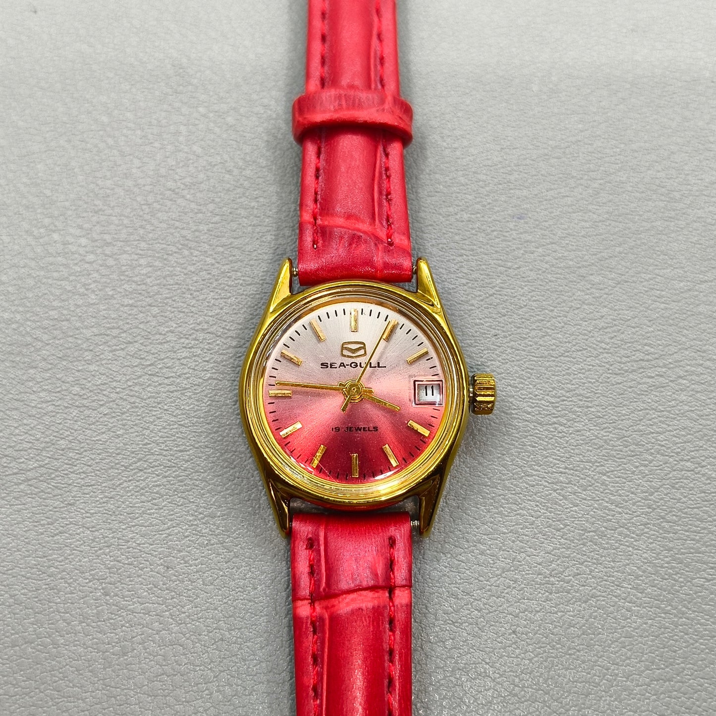 Seagull Manual Mechanical Red Srap Lady Watch Gradient Golden Nail Single Calendar
