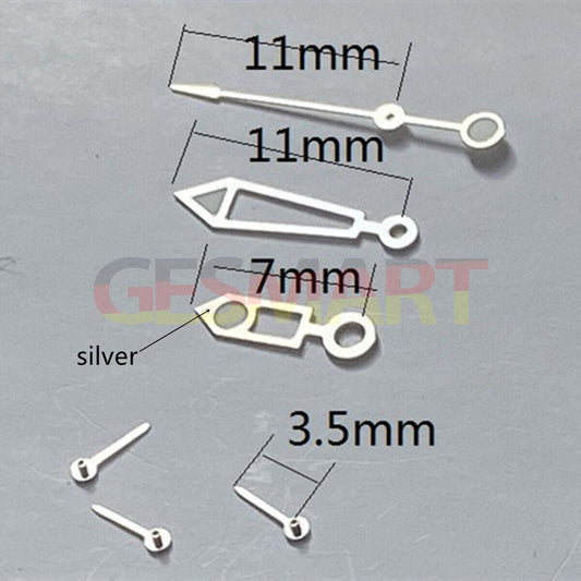 Aiguilles creuses luminescentes argentées de 11 mm pour montres Miyota OS10, OS20, OS22, OS60, OS80