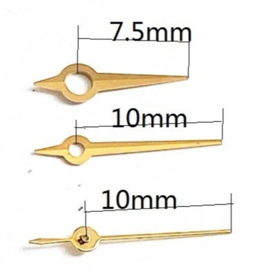 Golden watch hands set for Ronda 785 movement, 10x10x7.5mm, perfect for precise timekeeping accessories.