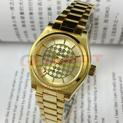 26mm Shanghai Made Lady Manual Watch with 19 Jewels, golden flower grid dial, elegant design, perfect gift.