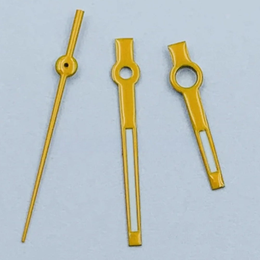Yellow trim lume watch hands set for NH34-NH39 movements, enhancing readability and style.