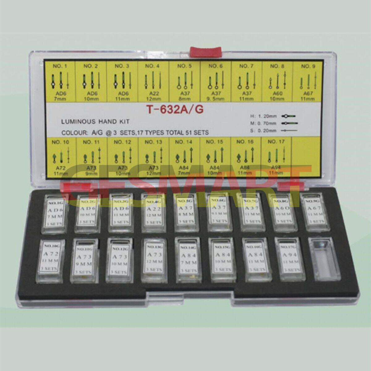 Golden luminous hour and minute watch hands set, 51-piece assortment by Watch Parts for precise timekeeping.