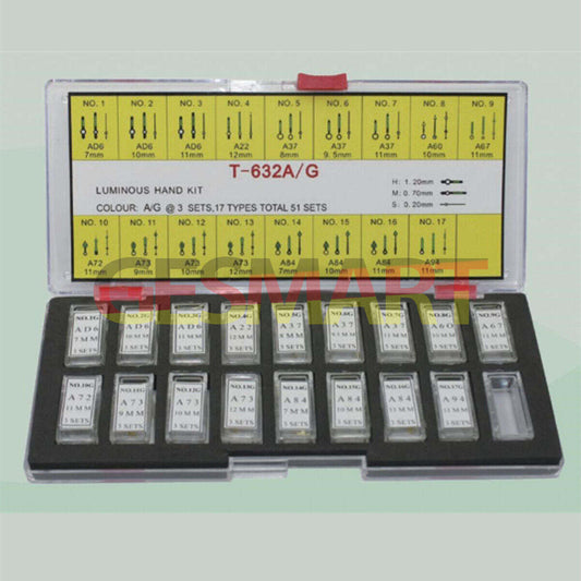 Golden luminous hour and minute watch hands set, 51-piece assortment by Watch Parts for precise timekeeping.