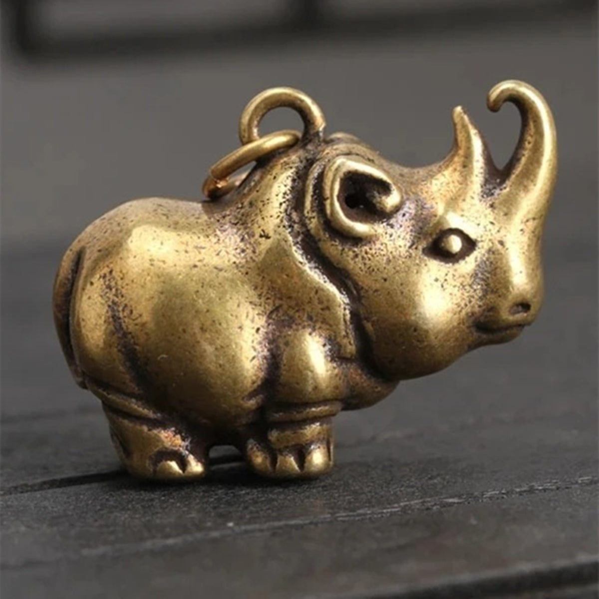 Vintage Copper rhinoceros figurine, hand-carved bronze trinket for watch accessory display.