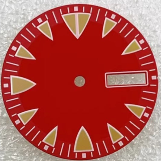 Red 28.5mm diving watch dial with green lume, compatible with NH36 movement for enhanced night visibility.