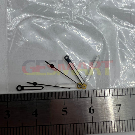 Luminous black trim watch hands for Miyota 2035 quartz movement, enhancing visibility and style.