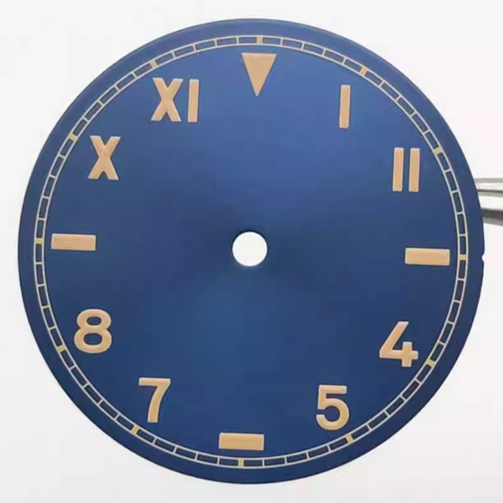 Vintage orange font watch dial, 28.5mm, green lume, compatible with NH35/36/2824/8215 movements, blue base.