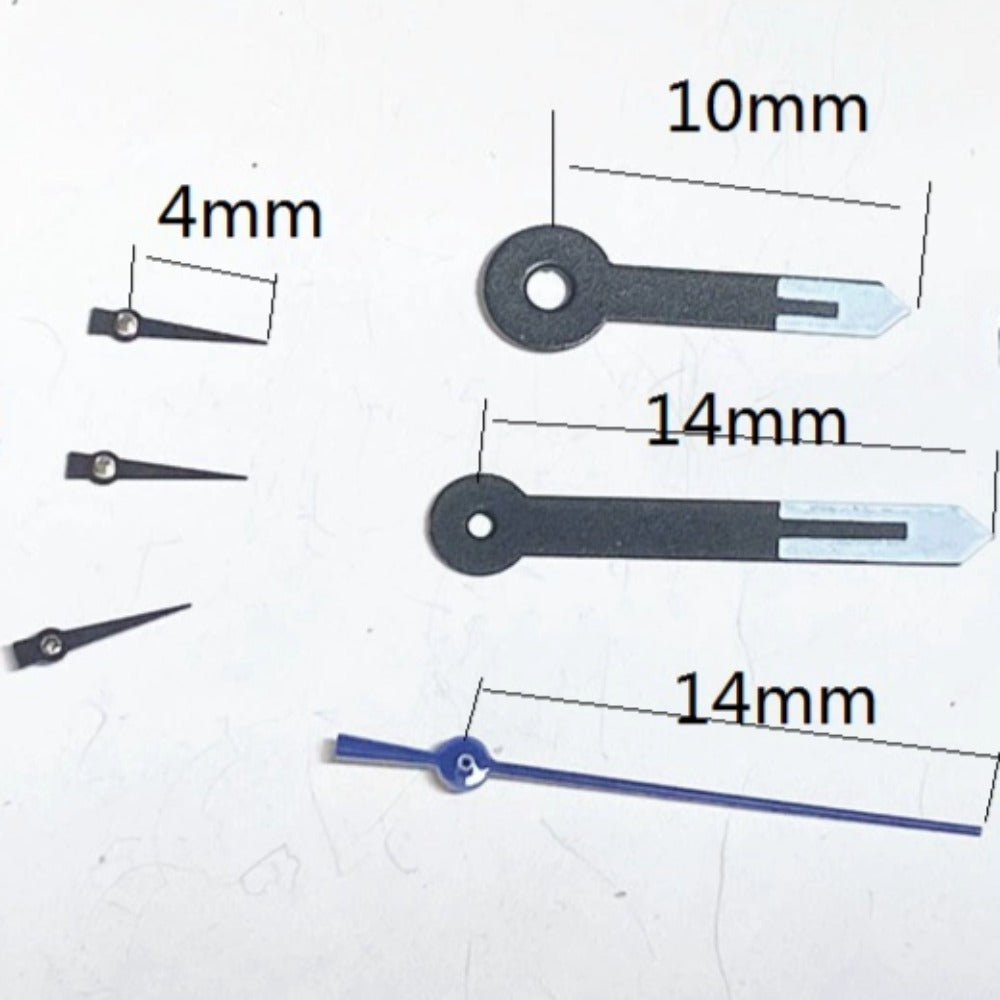14mm black and blue painted watch hands set for Miyota JS15 quartz movement, stylish and precise replacement.