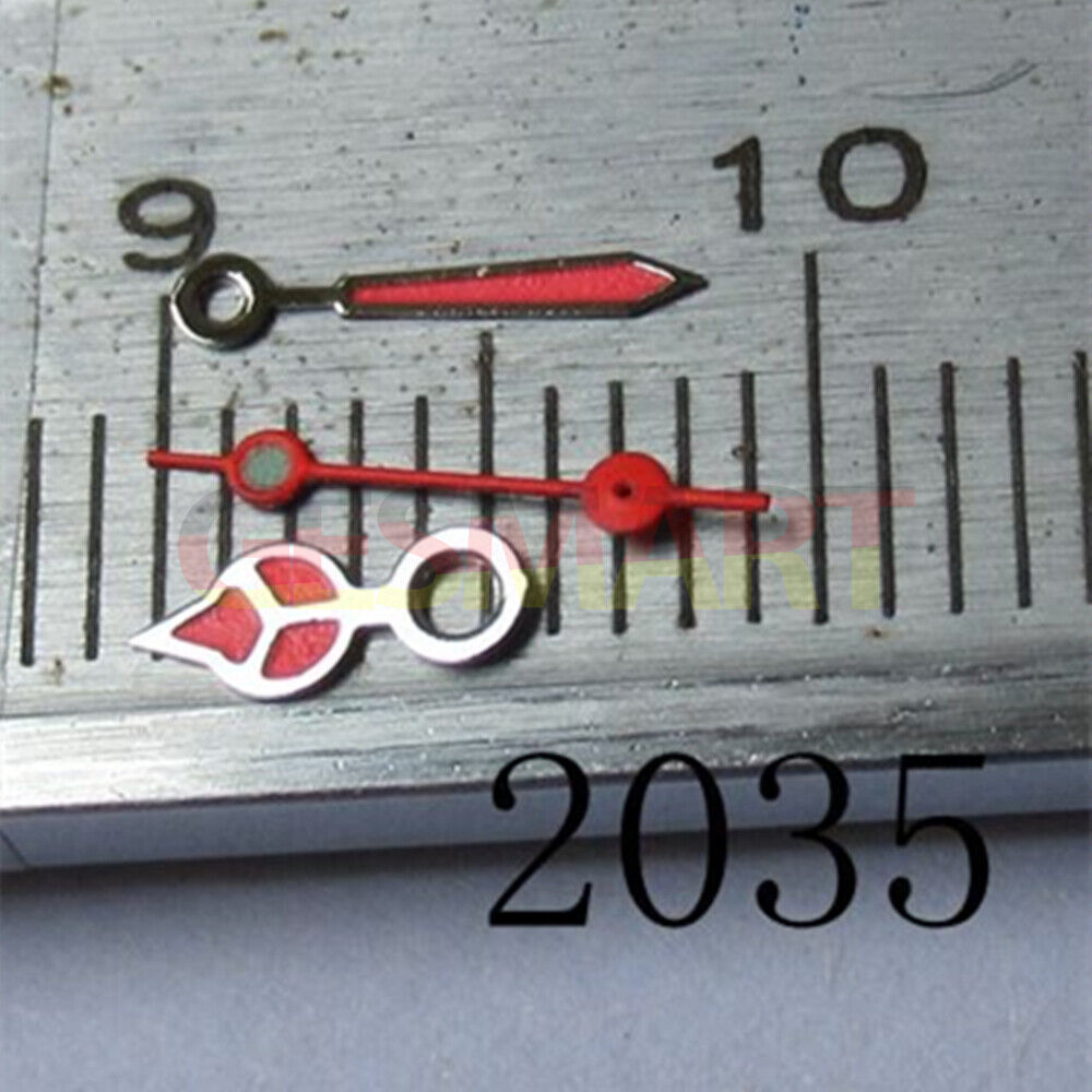 Red painted watch hand with silver trim for Miyota 2035 and 2305 movements, precise accessory.