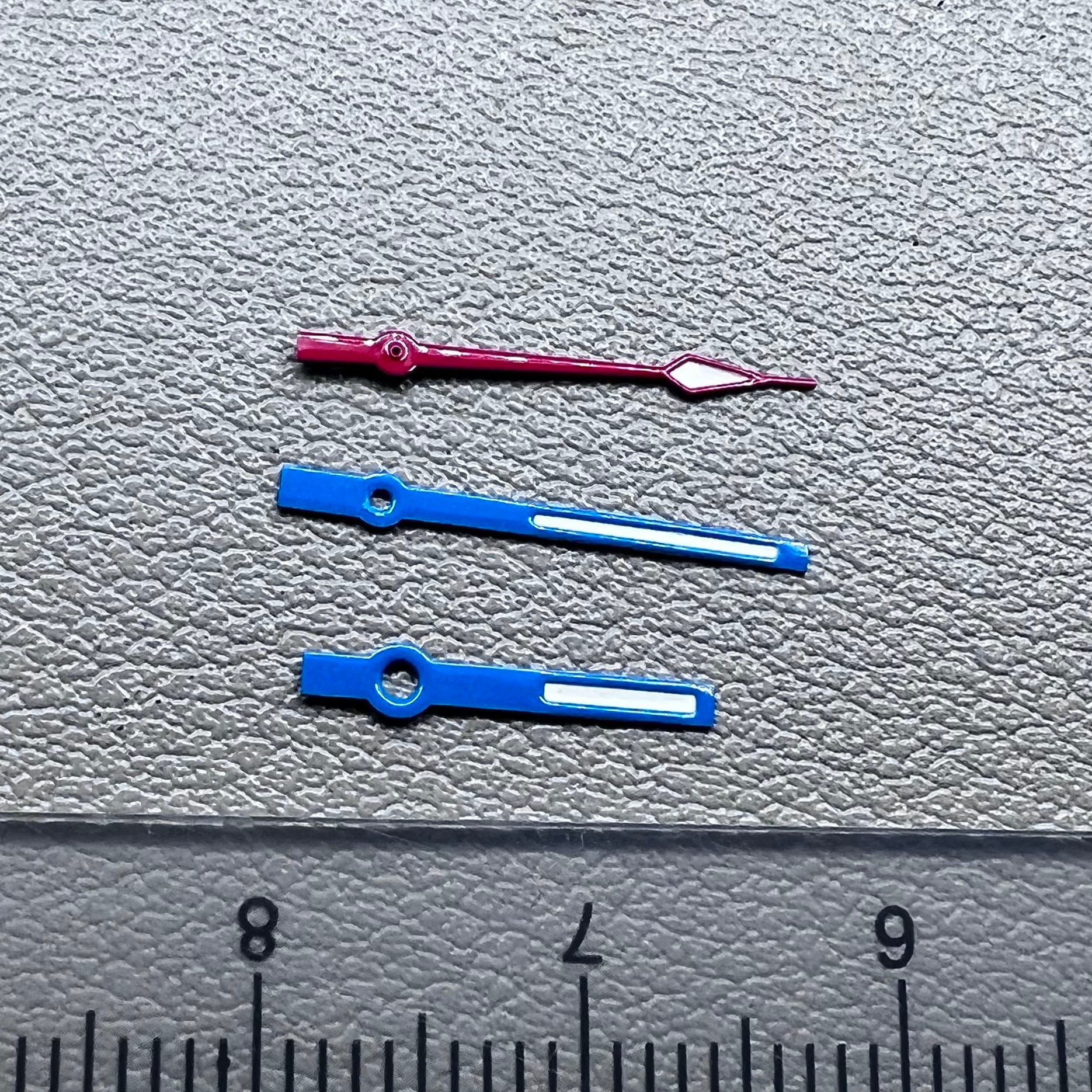 Blue and red trimmed 14mm watch hands with green lume for Ronda 515