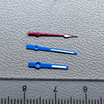 Blue and red trimmed 14mm watch hands with green lume for Ronda 515