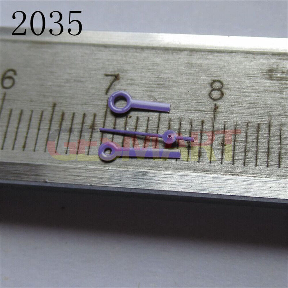 Square head purple watch hands set compatible with Miyota 2035, 2115, 2105, 2305 movements, perfect for repairs.