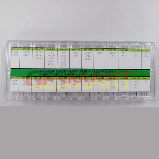 1. Set of 48 original Miyota watch stems in 24 sizes for precise Miyota movement repairs.  
