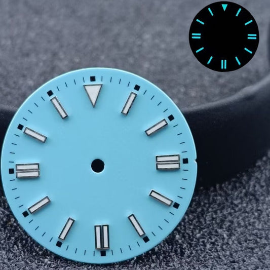 Sky Blue 28.5mm watch dial with blue luminous silver nails, compatible with NH35/8215 ETA2836 movements.