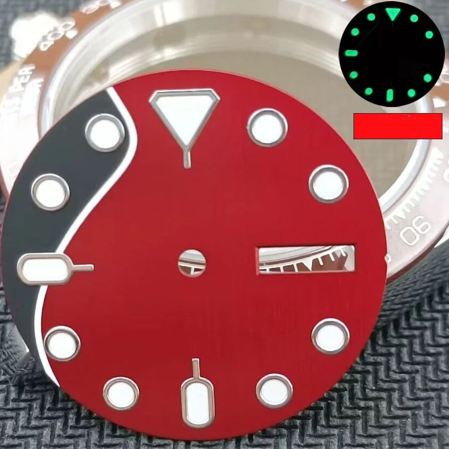 28.5mm SKX007 watch dial in black and red with white painted silver trim, metal nail design.