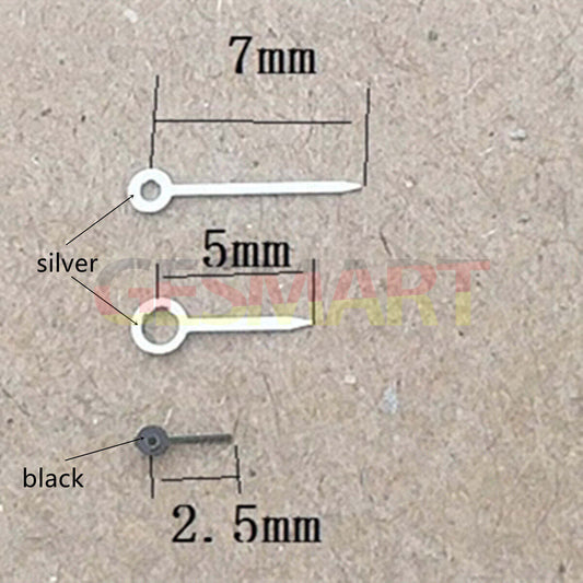 7mm silver and black arrow-shaped watch hands for Miyota 1L45 quartz movement, precise replacement parts.