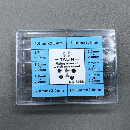 Replacement fixing screws for watch movements in assorted sizes, durable precision.