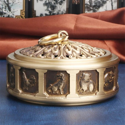 Hand-carved solid copper Chinese Zodiac incense burner, detailed bronze figurine for decor.