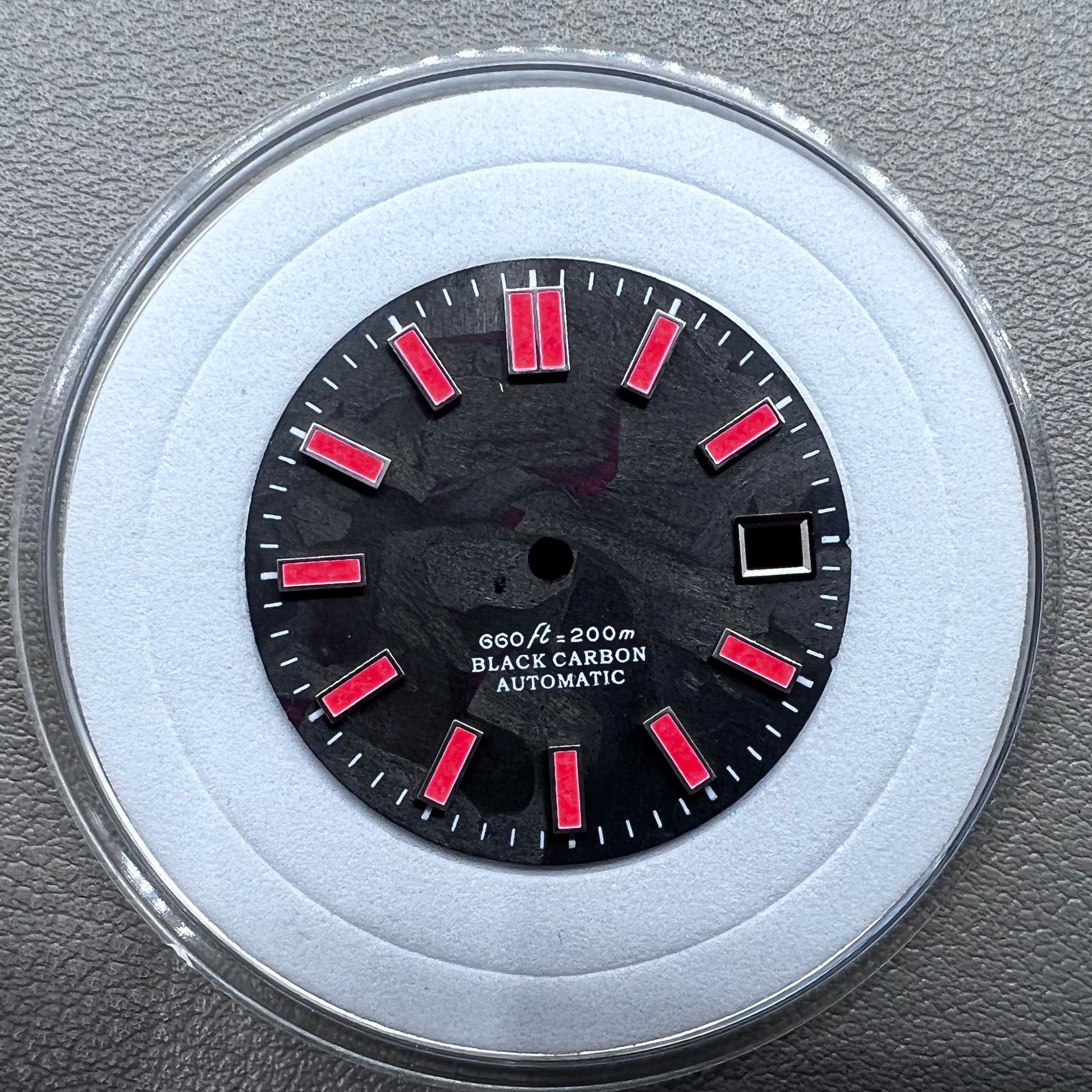 Red painted C9 Lume 28.5mm watch dial with black carbon fiber, compatible with NH34 NH35 movements.