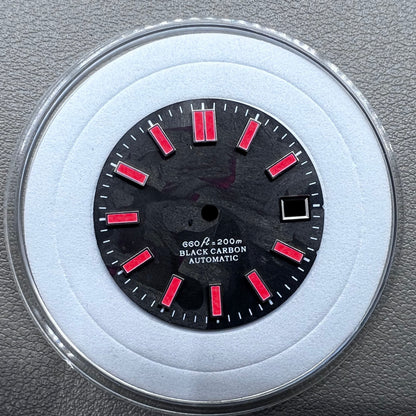 Red painted C9 Lume 28.5mm watch dial with black carbon fiber, compatible with NH34 NH35 movements.