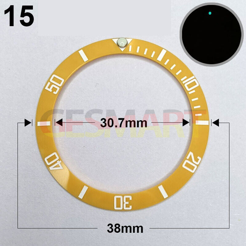 Yellow ceramic 38mm watch bezel with white font and green luminous markers for watch customization.
