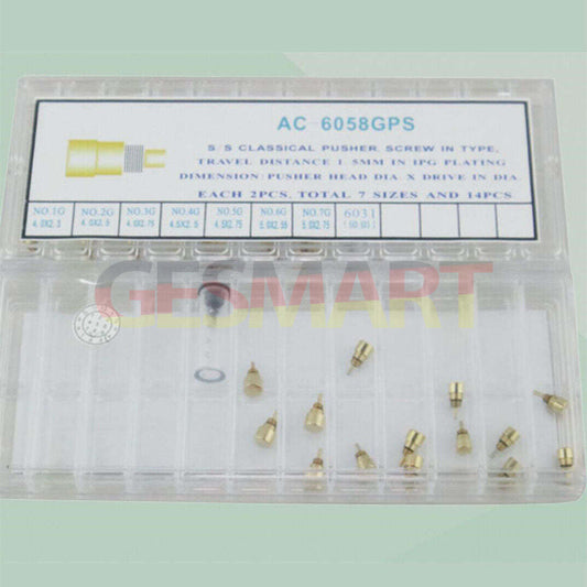 Set of 14 stainless steel golden pushers in 7 sizes for watch repair, classic design.