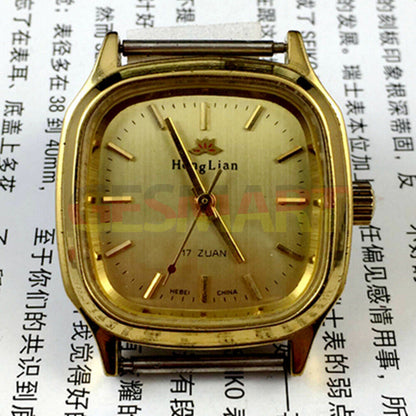 HONGLIAN manual mechanical watch with golden nail markers, square golden case, and elegant golden dial for classic style.