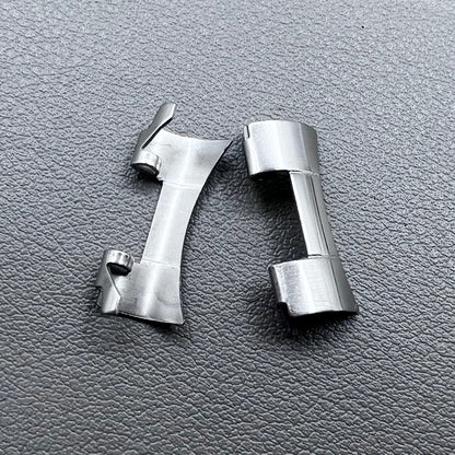 Set of 2 stainless steel 20x9mm curved end links and spring bars for watch bands, compatible with various straps.