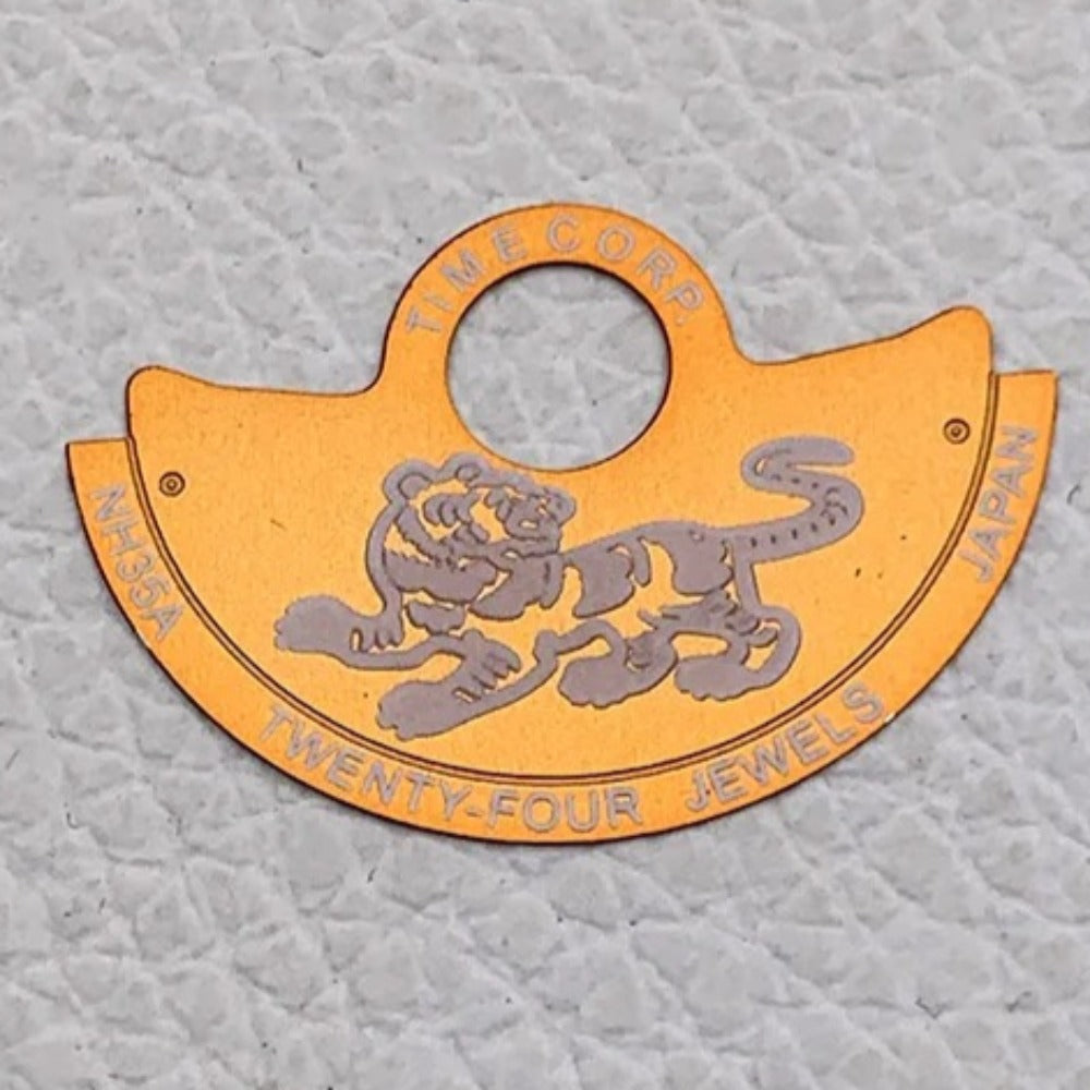 Orange Tiger Rotor oscillating weight overlay, compatible with NH35, NH36, 7S26, 4R35 movements, for watch customization.