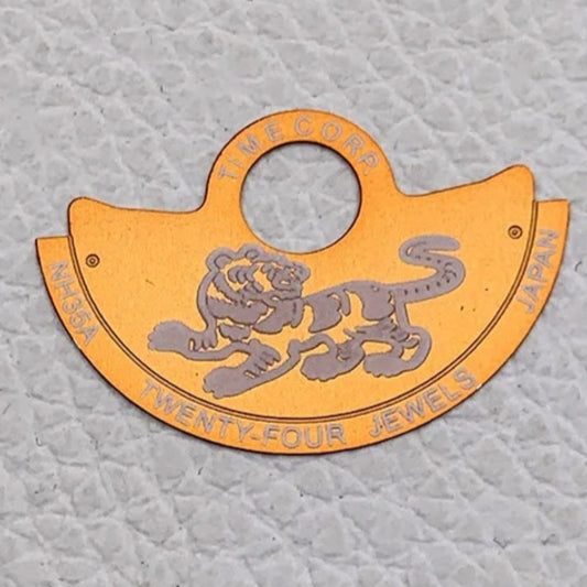 Orange Tiger Rotor oscillating weight overlay, compatible with NH35, NH36, 7S26, 4R35 movements, for watch customization.