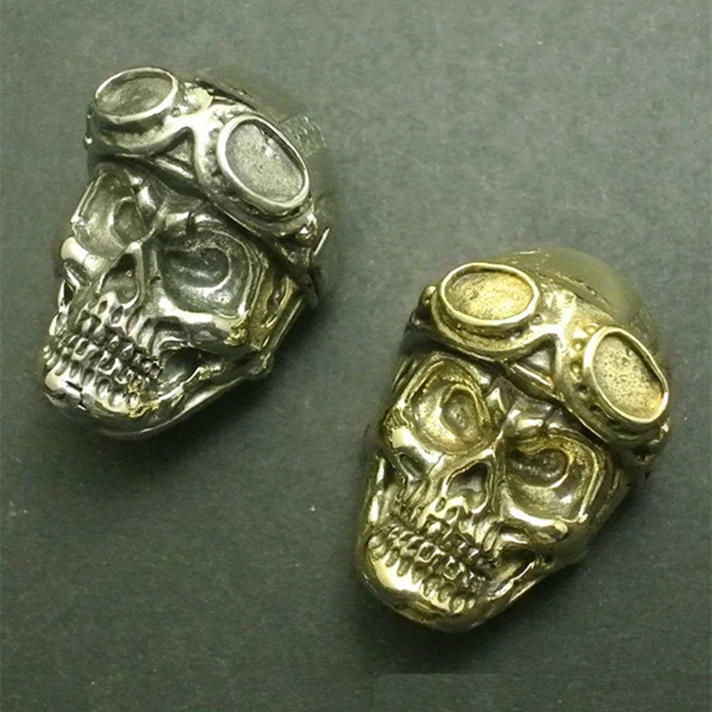 Hand-carved solid copper pilot's skull trinket, vintage bronze collectible figurine for watch accessory enthusiasts.