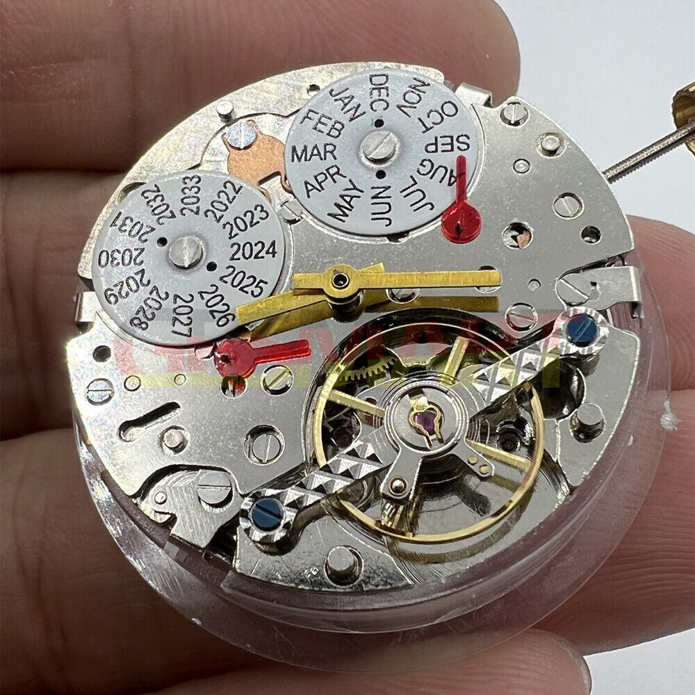 Perpetual calendar watch with mechanical movement and hollow balance wheel at 6, China Made.