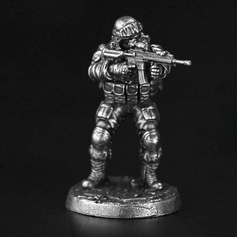 White Brass Figurine Modern Tactical Soldier Miniature - Standing Aiming Rifle