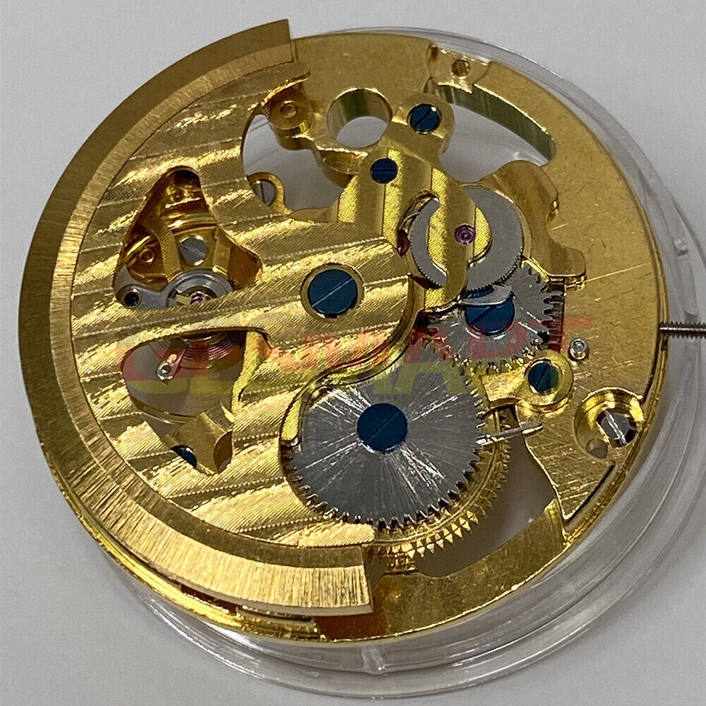 Golden 32.8mm 7120 automatic mechanical watch movement with hollow design, high-precision China-made component for watch repairs.