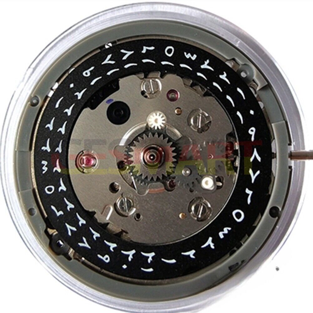 NH34 automatic mechanical GMT watch with black Arabic dial, date, and hacking seconds.