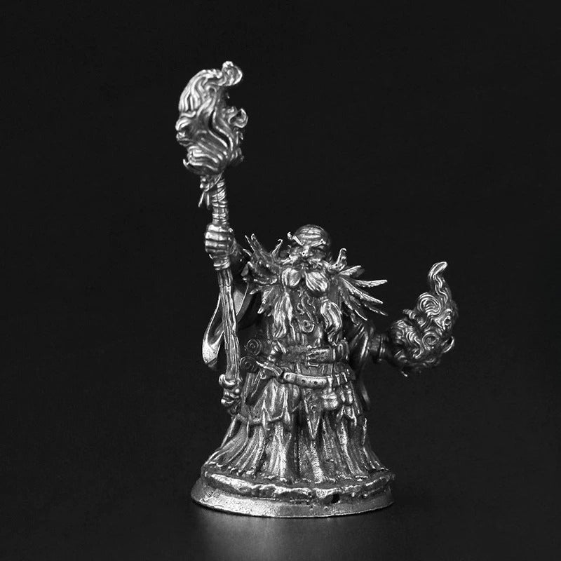White Brass Figurine Fire Wizard Miniature - Bearded Sorcerer with Flame Staff Figure