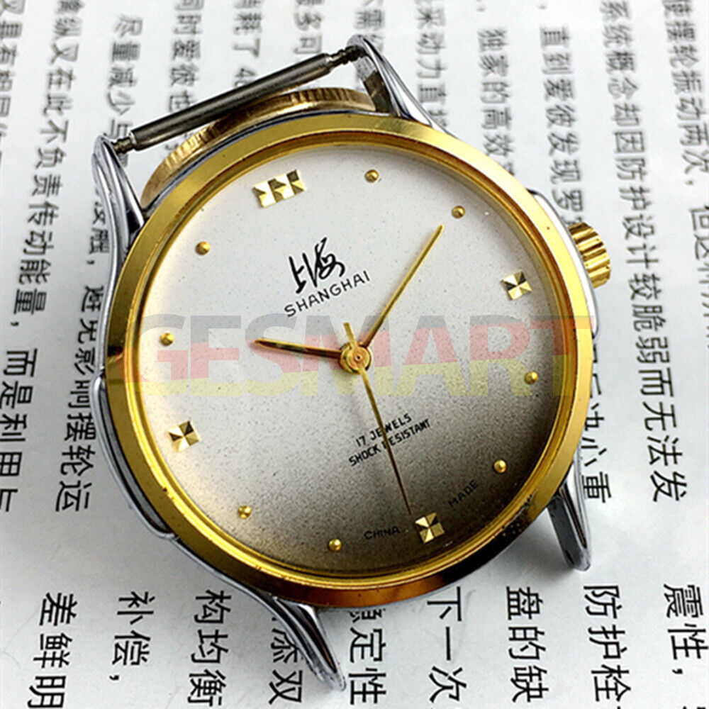 37mm Shanghai Factory manual mechanical watch with gradient grey dial and 17 jewels detail.