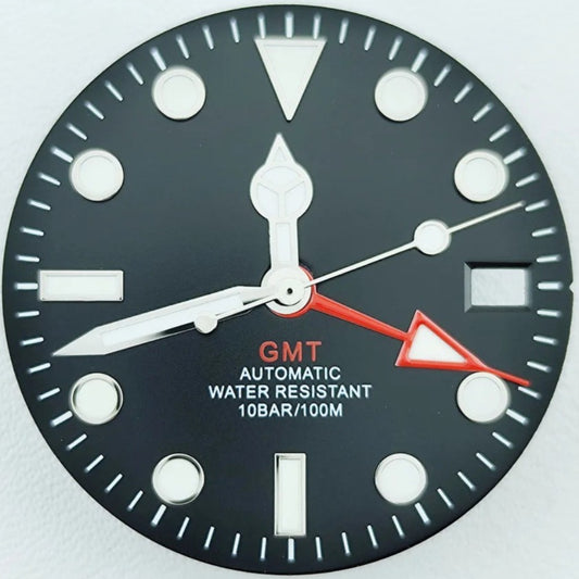 Black 28.5mm Red Pointed GMT Hand Green Lume Watch Dial with Hands Fit for NH34