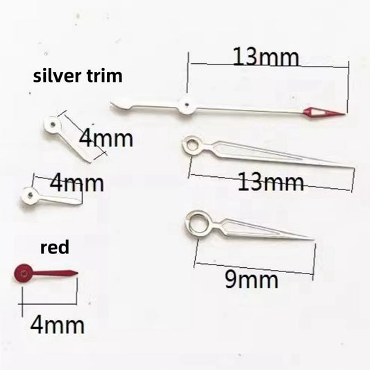 Set of 6 Seagull ST6 luminous silver trim watch hands, 13x13x9mm, for mechanical automatic watches.