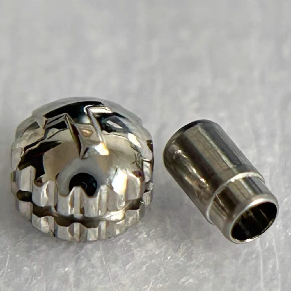Steel silver small watch crown, Tissot T97 replacement part for precise watch repair.