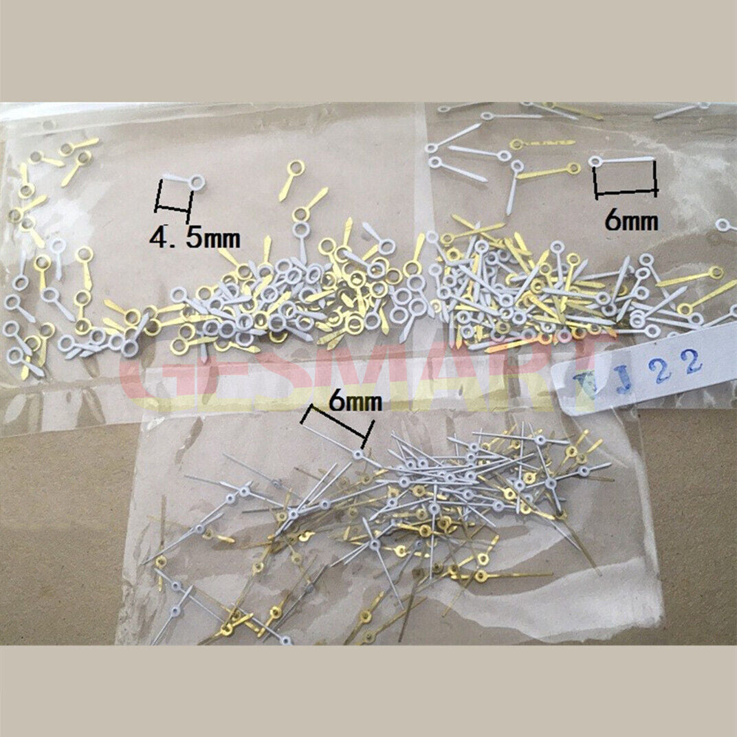 Golden 6mm no lume watch hands by Epson for TMI VJ22 quartz movement, ideal for custom watch repairs.