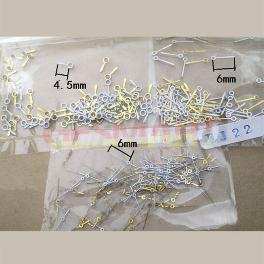Golden 6mm no lume watch hands by Epson for TMI VJ22 quartz movement, ideal for custom watch repairs.