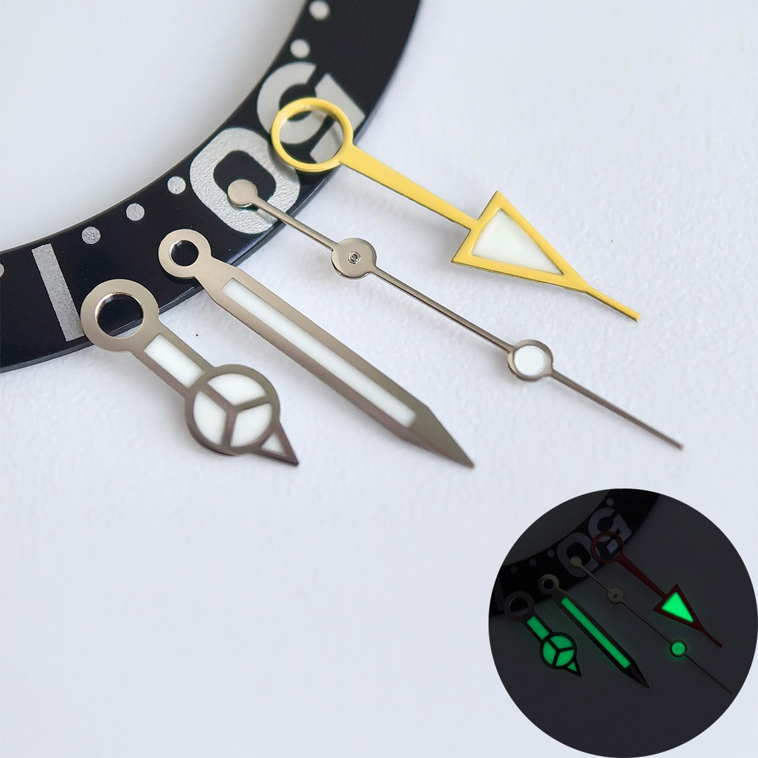 Green lume yellow GMT watch hand with silver trim, designed for NH34 movement, enhances time readability.