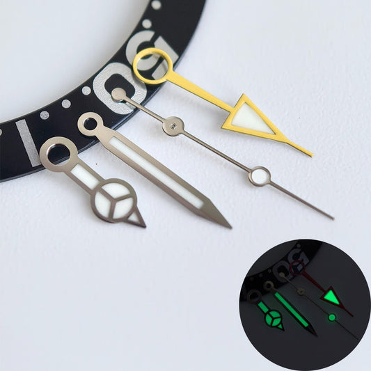Green lume yellow GMT watch hand with silver trim, designed for NH34 movement, enhances time readability.