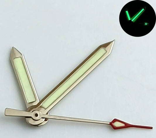 Green lume arrow-shaped watch hands with silver trim for NH35, NH36, 7S26, NH70 movements.