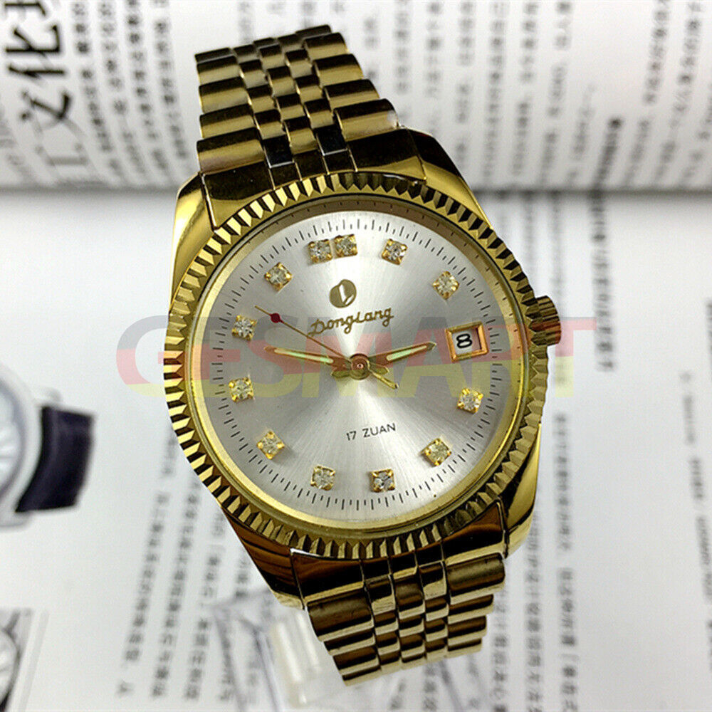36mm China Donglang manual mechanical watch with silver dial, 17 jewels, and single calendar display.
